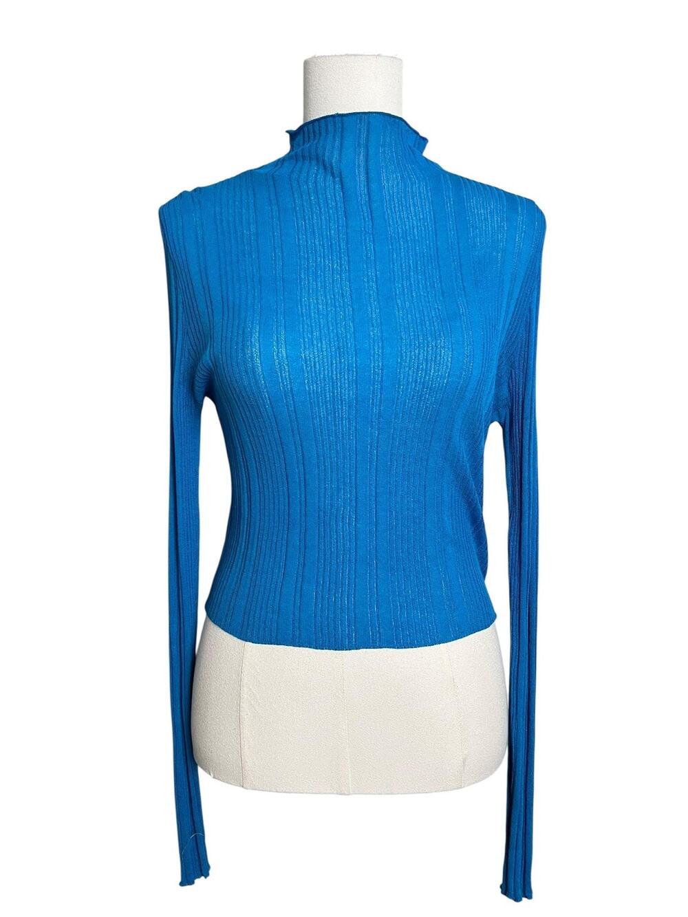 Missguided Pullover Bodycon Shirt Stretch Sheer 8 Blue Mock Neck Ribbed Top